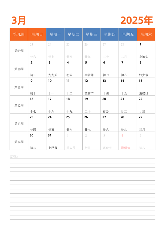 2025年日历台历 中文版 纵向排版 带周数 周日开始